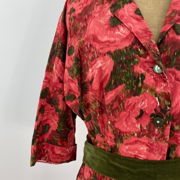 Vintage 60s Evelyn Pearson Lounge Red Floral V Neck Collar Maxi Flare Dress M - Picture 3 of 11